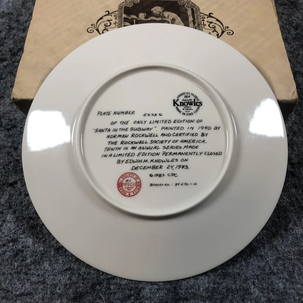 Vintage Knowles Norman Rockwell Christmas Plate 1983 Santa In The Subway COA Box